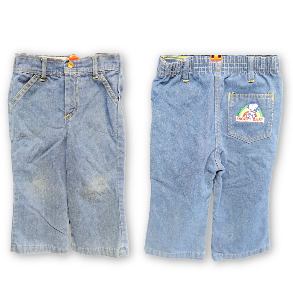 VINTAGE‎ SNOOPY Toddler Denim Jeans Unisex 12-18M Blue Embroidered Peanuts 80's
